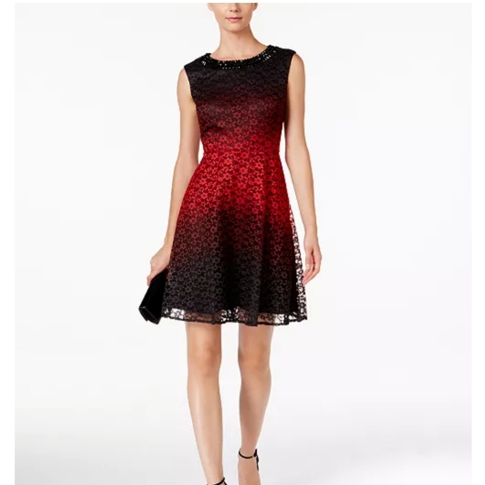 Sandra Dareen SD Fit & Flare Lace Ombre Red Black Cocktail Party Dress New 14P